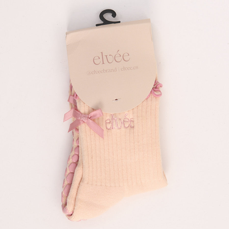 Ruffle Crew Grip Socks — Beige Pink Ribbon