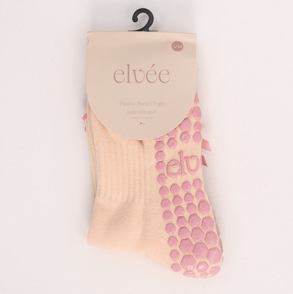 Ruffle Crew Grip Socks — Beige Pink Ribbon